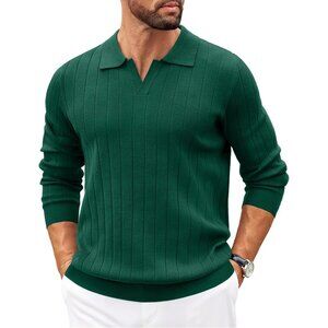 Men's Polo Sweaters Long Sleeve V Neck Knit Casual Pullover Sweater Dark Green